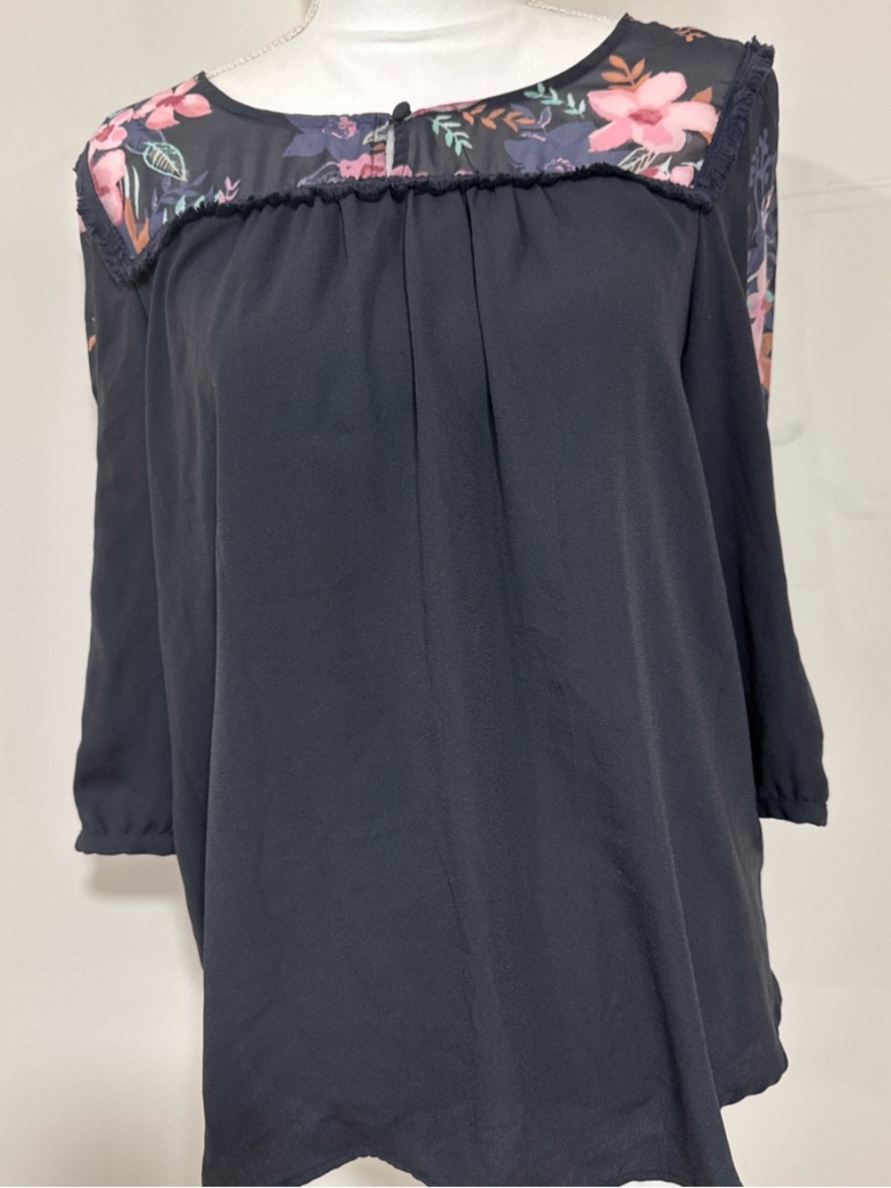 LC Lauren Conrad Navy Blouse with Pink and Teal Floral Print